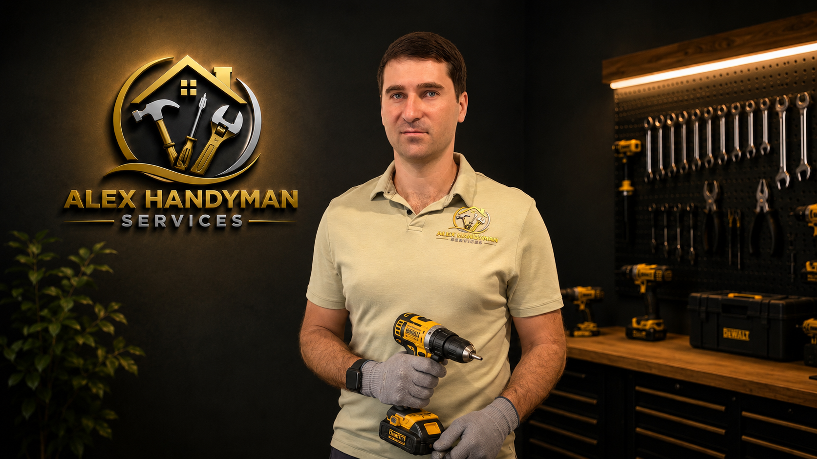 Alex, the handyman, holding a drill and ready to work in Burbank